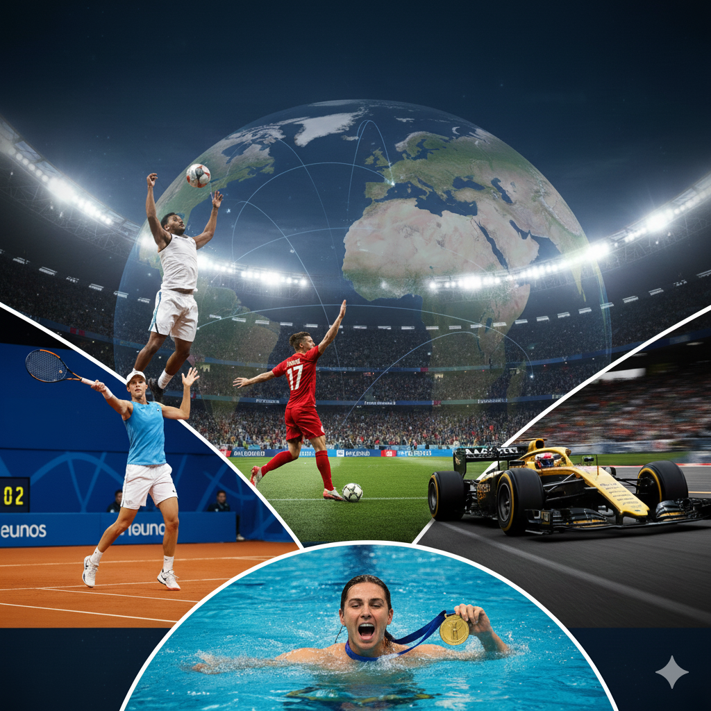 Collage de deportes internacionales que incluye fútbol, tenis, Fórmula 1 y natación sobre un fondo de estadio y un globo terráqueo.